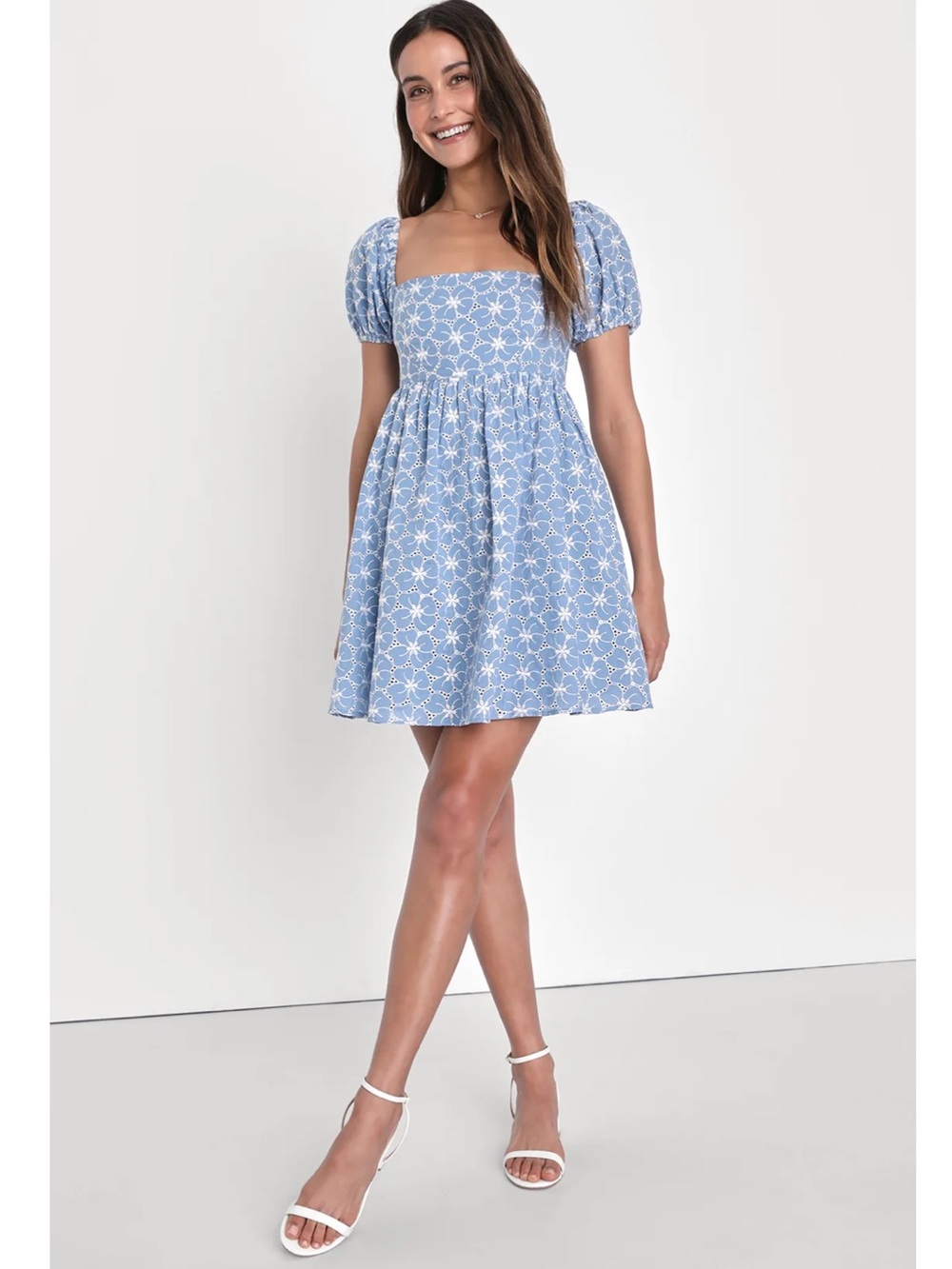 Lulus Fit to Frolic Blue Embroidered Eyelet Lace Puff Sleeve Babydoll Mini Dress